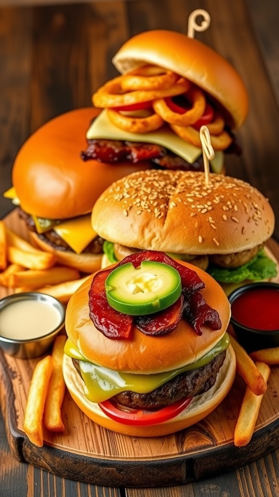 Three gourmet burgers on a wooden platter: cheeseburger, BBQ bacon burger, and spicy jalapeño burger with fries.